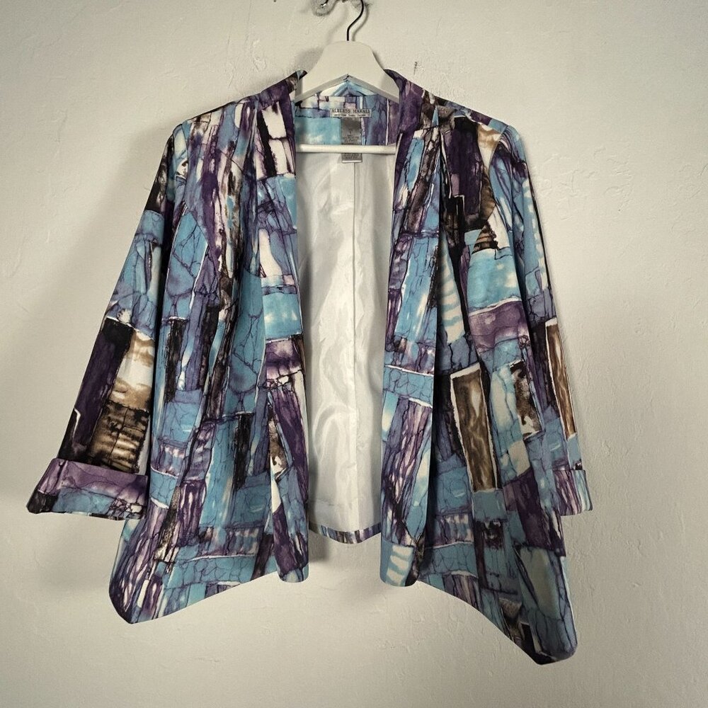 Alberto Makali Womens Abstract Print Open-Front Blazer Jacket Large Blue Stretch